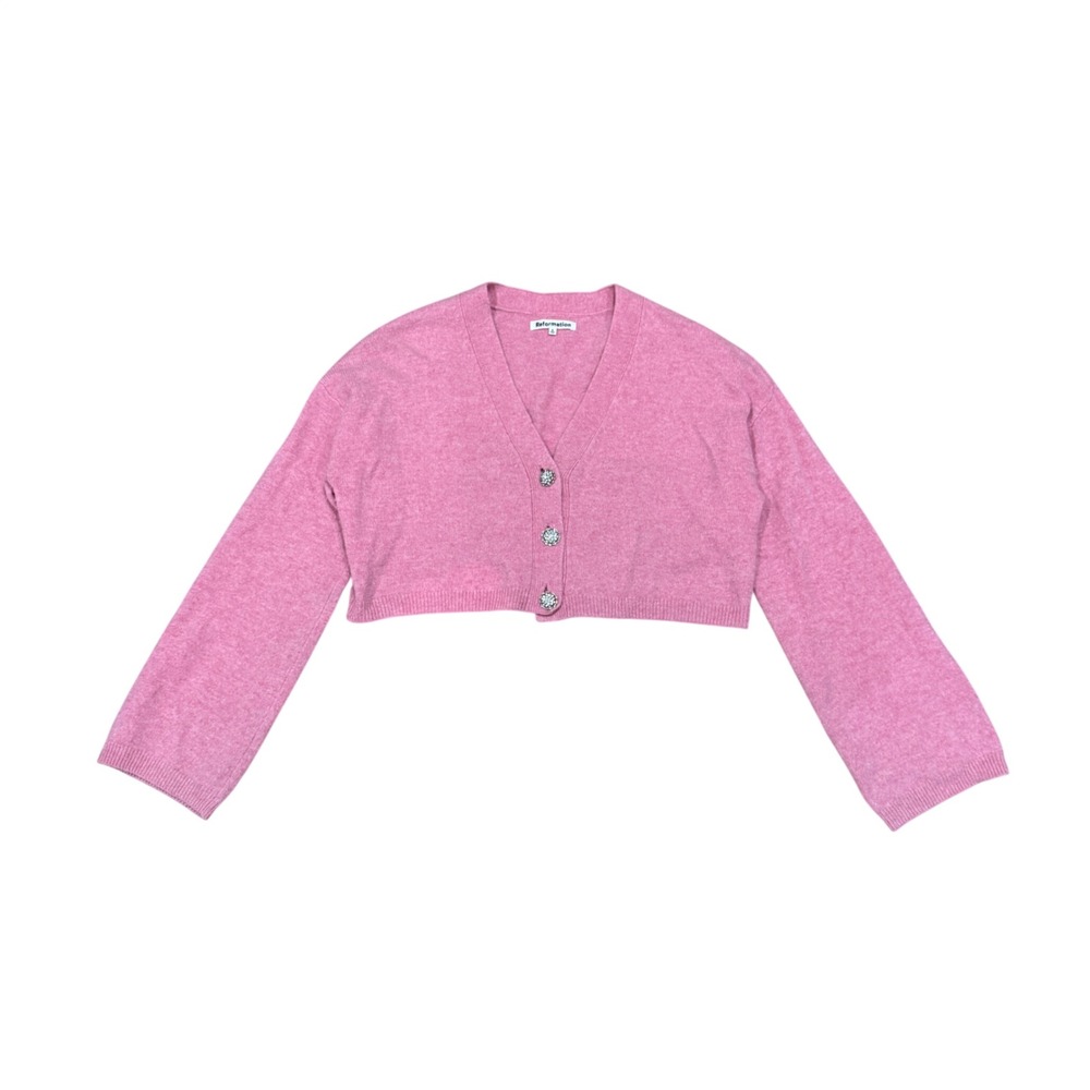 Reformation Val Pink Wool Cropped Cardigan Crystal Button Sweater S Cozy Layerin